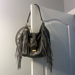 GILI gray leather fringe hobo festival concert bag